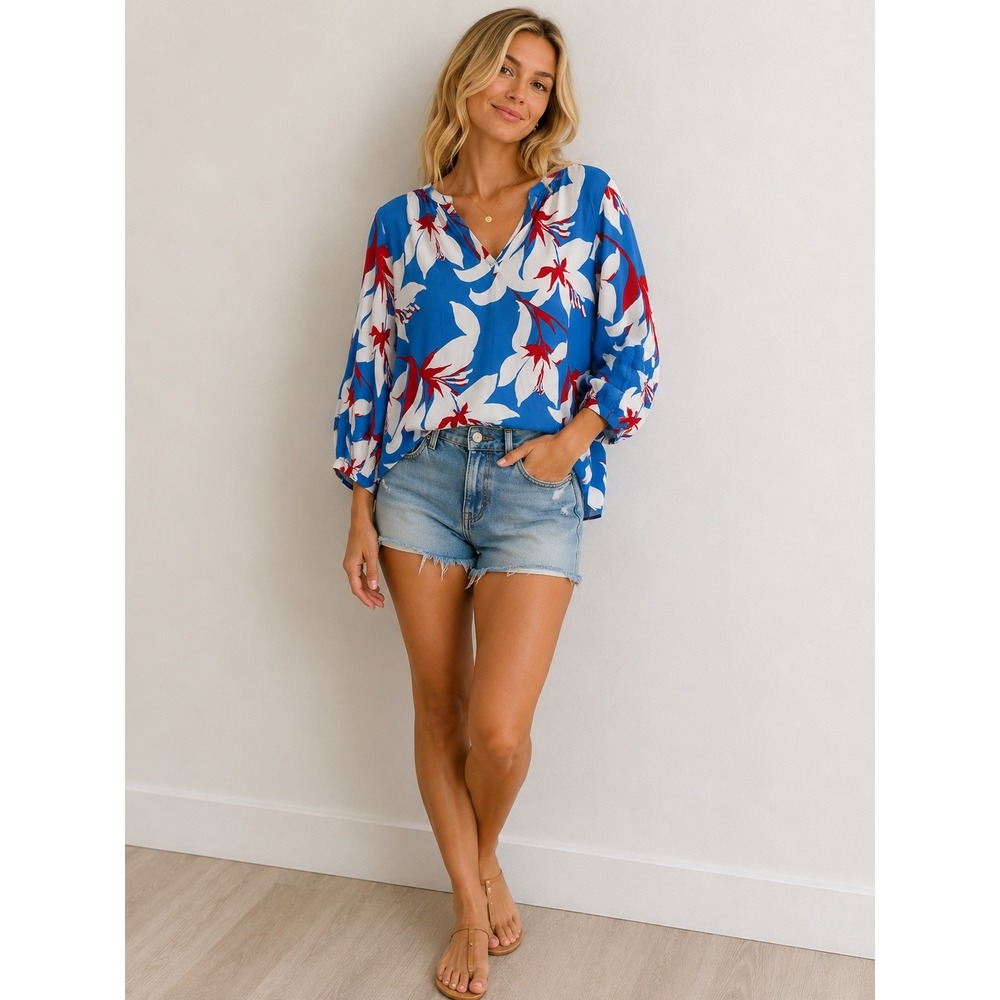 Liz Claiborne Blue Floral Split Neck Viscose Blouse XL NWT‎